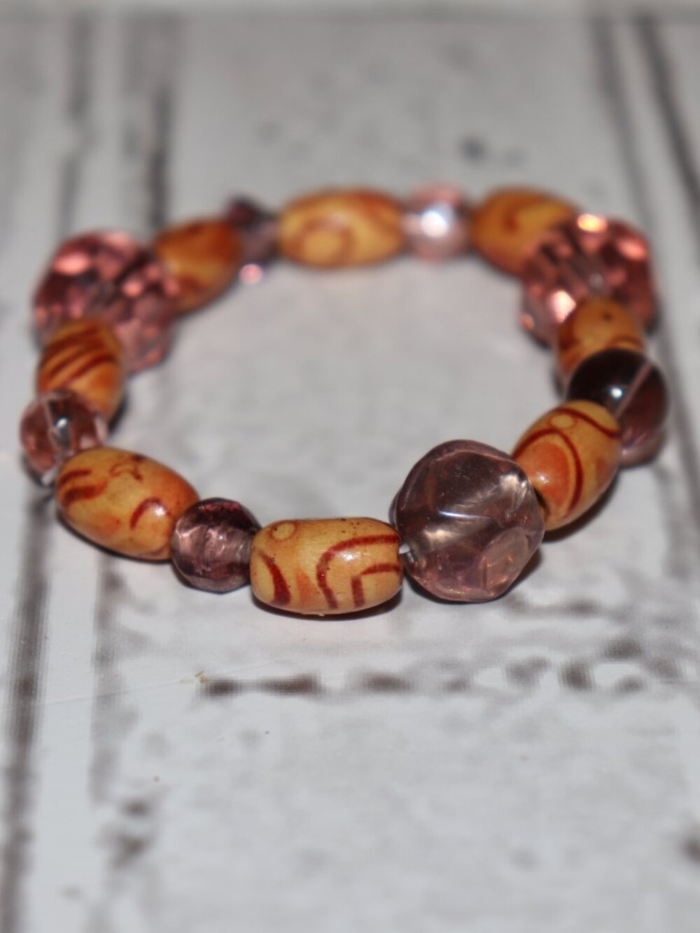 💗🤎✨ NWOT Wooden & Glass Beaded Bracelet · 7" · Elastic
